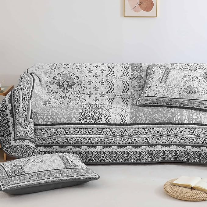 WONGS BEDDING Grey Quilt Set Queen Size, Bohemian Patchwork Bedspread Coverlet - Image 8