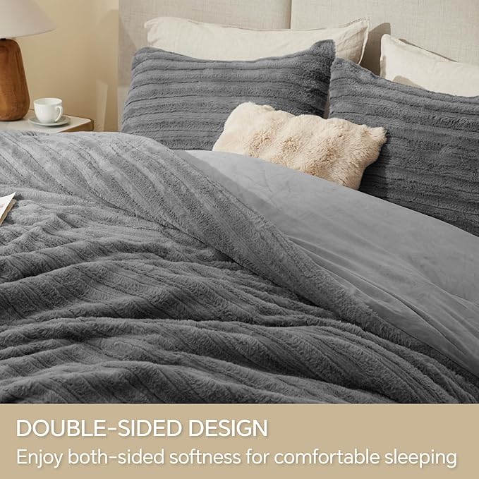 BEDELITE Fleece Twin Comforter Set -Super Soft & Warm Fluffy Grey Faux Fur - Image 4