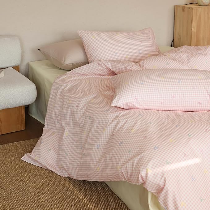 mixinni Gingham Duvet Cover Queen Size, 100% Cotton Light Pink and White by mixinni