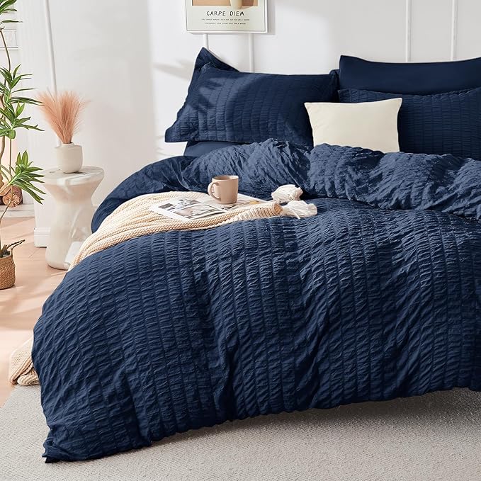 HYMOKEGE Navy Blue Oversized Queen Comforter Set Seersucker 7 Pieces, All - Image 2