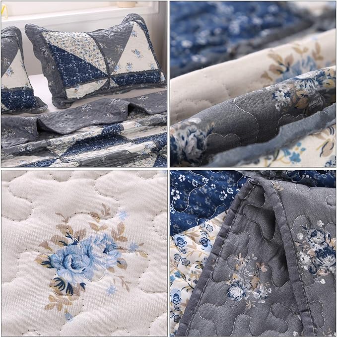 Patchwork Quilt Set King Size Quilted Bedspread Coverlet Set 3-Piece Grey - Image 6