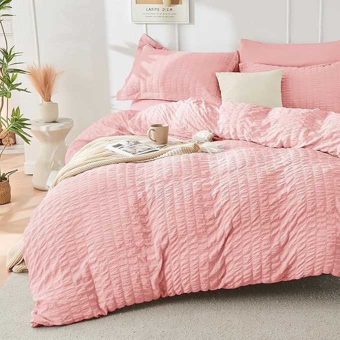 HYMOKEGE Rose Pink Full Size Comforter Sets Seersucker 7 Pieces, All Season - Image 2