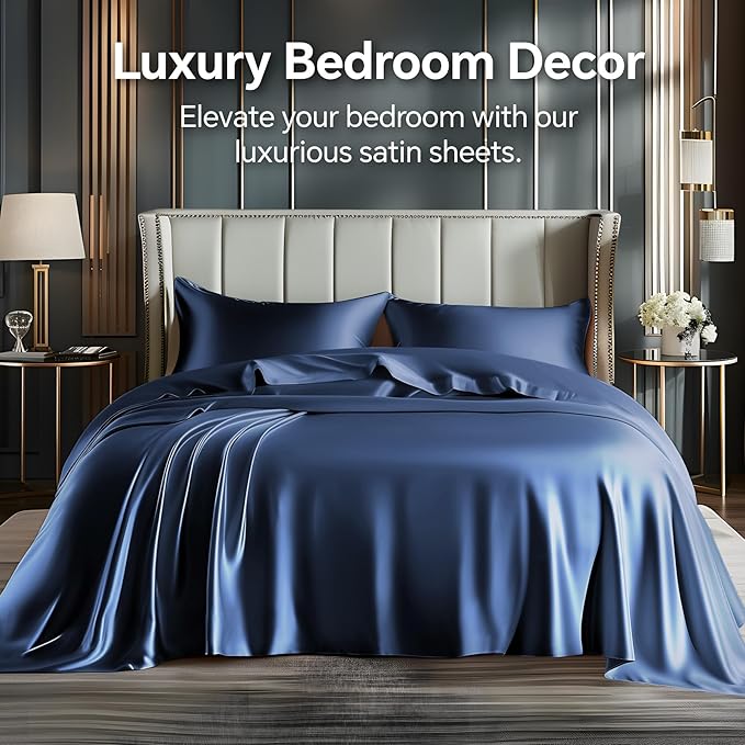 BEDELITE Satin Sheets Queen Size Bed Set, Luxury Soft Navy Silky Sheets - Image 2