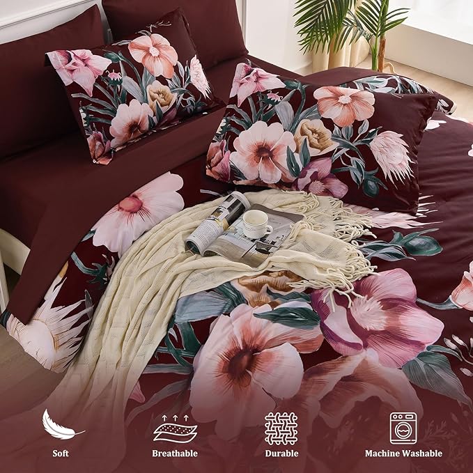 Luxudecor Burgundy Floral Comforter Set King Size 7 Piece, Flower Bed in a Bag - Image 4