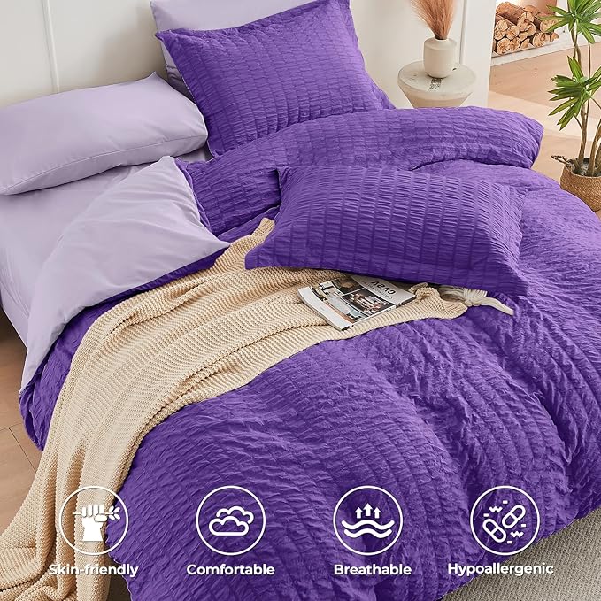 HYMOKEGE Dark Purple/Lavender Twin Comforter Set Seersucker 5 Pieces, All - Image 3