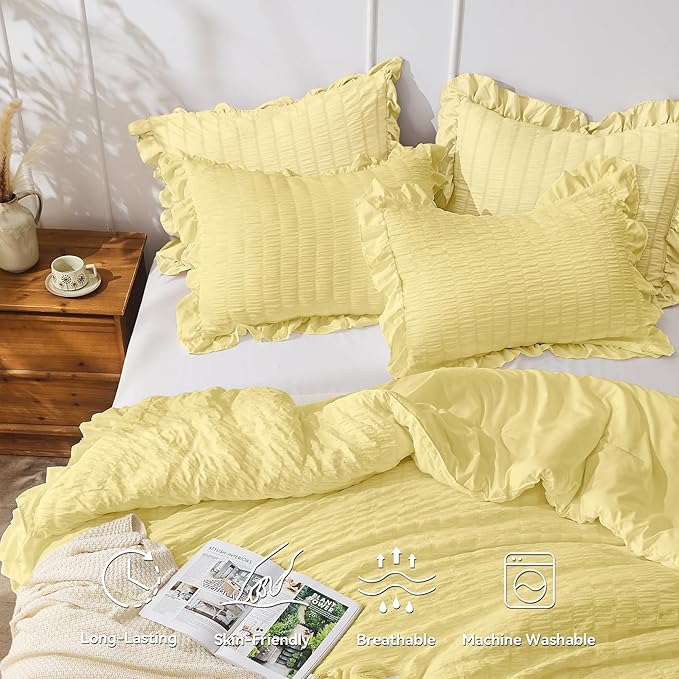 JOLLYVOGUE Twin Size Comforter Set, 2 Pieces Light Yellow Seersucker - Image 2