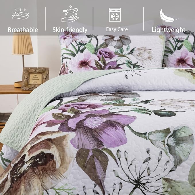 Floral Quilt Set Queen 3 Pieces Boho Green Quilt Coverlet Set Soft Microfiber - Image 3