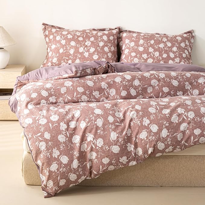 OAITE Purple Flower Queen Size Duvet Cover-3 Pieces Prewashed Cotton-Like - Image 3
