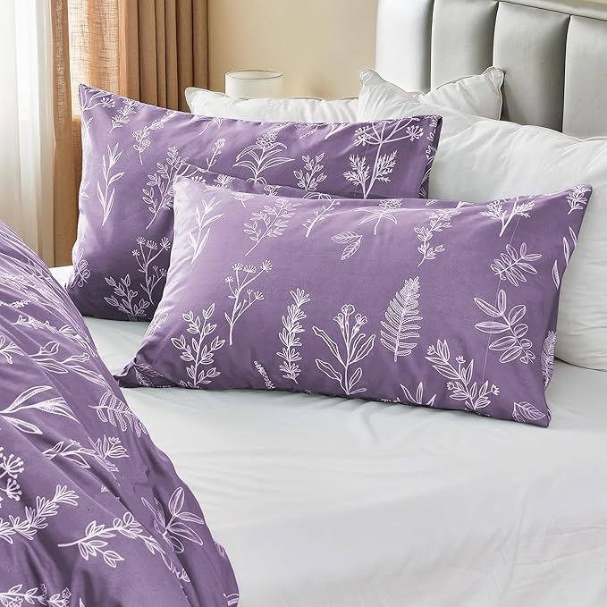 MUXHOMO Duvet Cover King Size, Reversible Floral Grayish Purple Duvet Cover Set - Image 4
