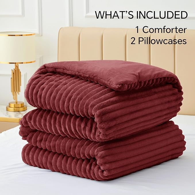 BEDELITE Fleece King Comforter Set -Super Soft & Warm Fluffy Burgundy Bedding - Image 9