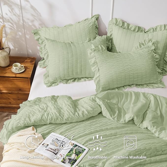 JOLLYVOGUE Sage Green Twin Size Comforter Set, 2 Pieces Seersucker Lightweight - Image 2