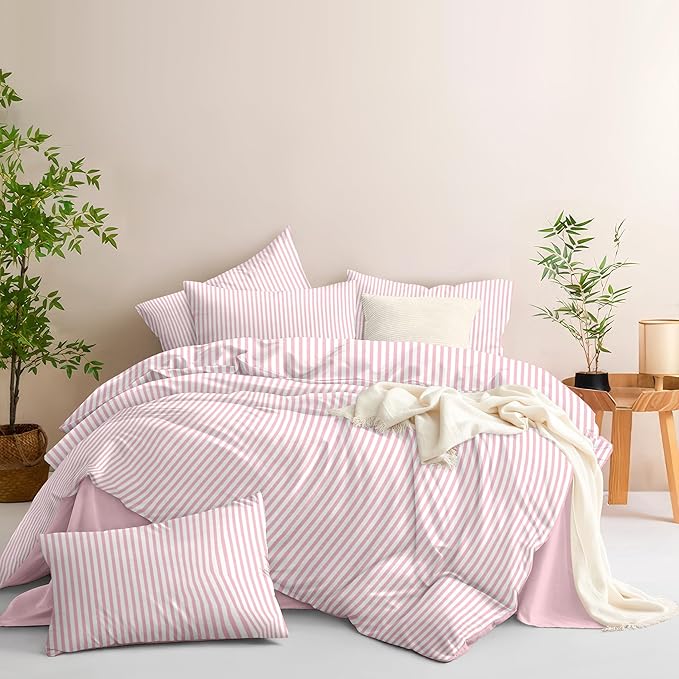 Nayoroom Pink Striped Duvet Cover Full Size White Stripe Duvet Cover Dorm - Image 4