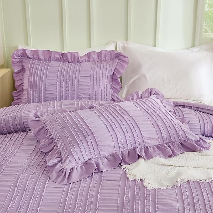 WONGS BEDDING Purple Comforter Set Queen, 3 Pieces Ruffle Farmhouse Shabby Chic - Image 5