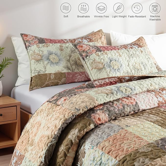 Whale Flotilla Patchwork Quilt Twin Size, Soft Boho Floral Bedspreads - Image 3
