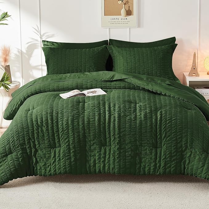 HYMOKEGE Dark Green Twin Comforter Set Seersucker 5 Pieces, All Season Luxury - Image 8