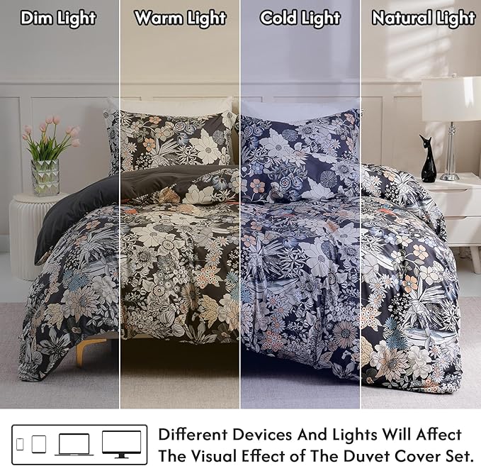 LONAVA King Flower 3 Pcs Duvet Cover Set, Breathable Soft Microfiber Black - Image 5