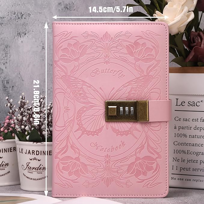 TIEFOSSI Diary with Lock for Women Girls, Lined Locked Journal, Butterfly Journal Notebook with Pen and Bookmark, A5 Refillable Locking Journals for Writing, 224 Numbered Pages-DeskoryOffice