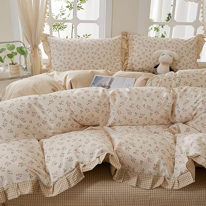 mixinni Beige Floral Duvet Cover King Size, 100% Cotton Cute Strawberry Floral - Image 3
