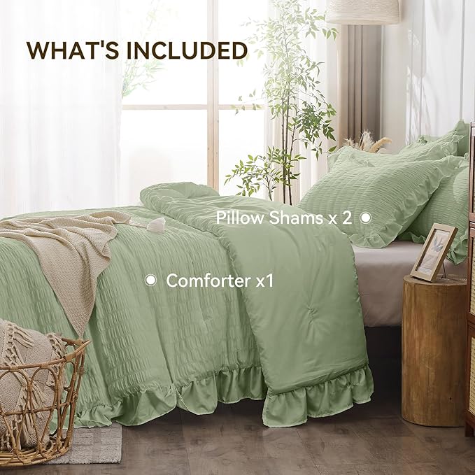 JOLLYVOGUE Sage Green King Comforter Set, 3 Pieces Seersucker Comforters King - Image 5
