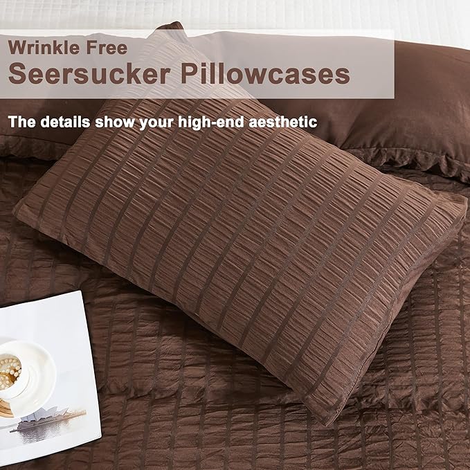 AveLom Brown Duvet Cover King, 3 Pieces, Seersucker Striped Soft Washed - Image 6