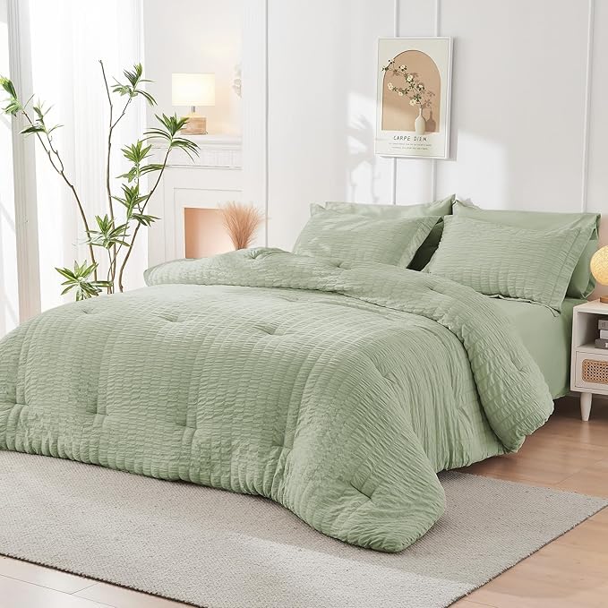 HYMOKEGE Light Green Twin Comforter Set Seersucker 5 Pieces, All Season Luxury - Image 7