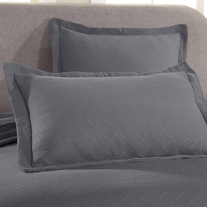 Superior 3 Piece Basketweave Cotton Bedspread Set, Home Bed Decor, Decorative Bed Spread, 2 Pillow Shams, Medium Weight Blanket, Matelasse Coverlet Bedding, Geometric Lattice Pattern, Full, Grey