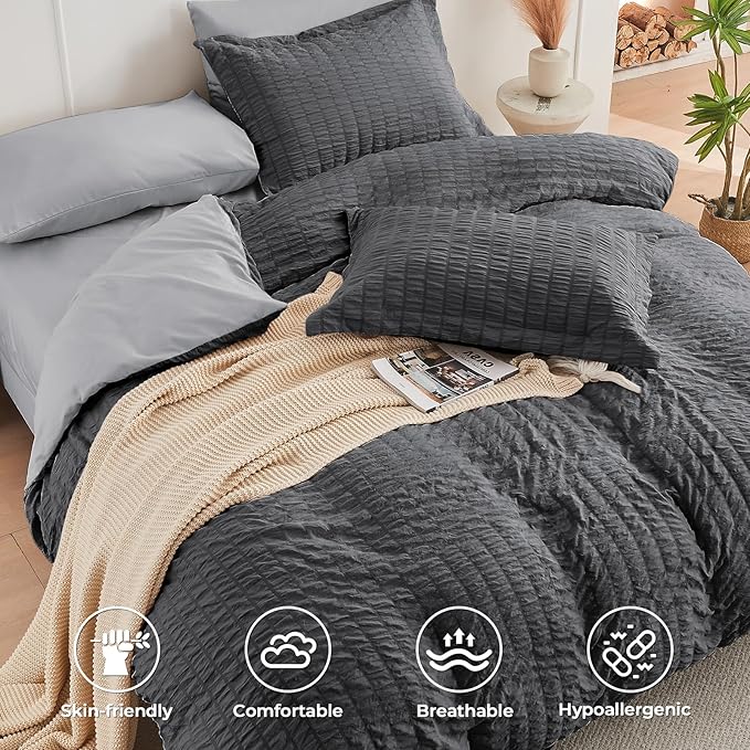 HYMOKEGE Dark Grey/Light Grey California King Comforter Set Seersucker 7 Pieces - Image 3