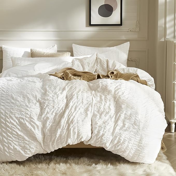 JELLYMONI White Duvet Cover Twin Size, Soft Breathable Seersucker Duvet Cover by JELLYMONI