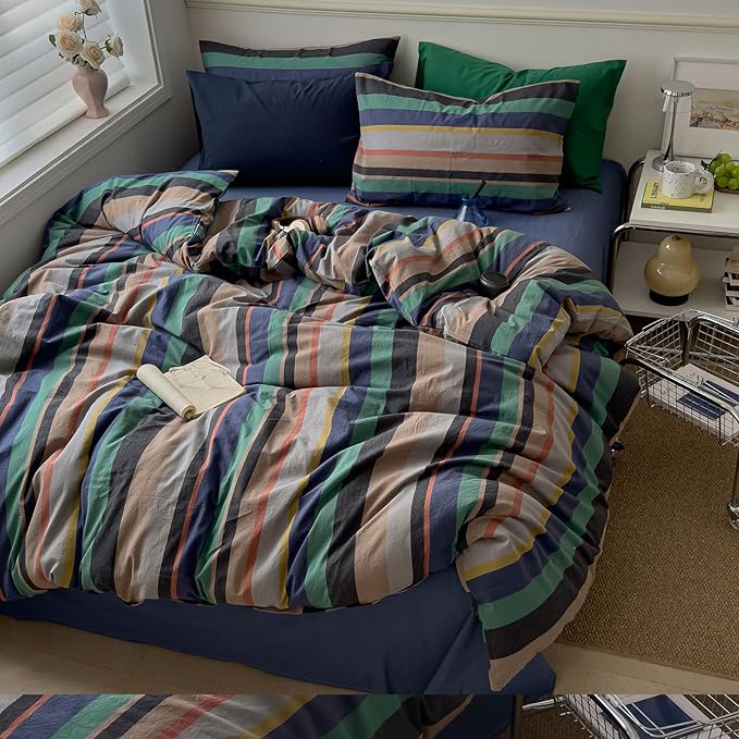 mixinni Vintage Striped Duvet Cover Queen Size 100% Washed Cotton 3 Piece - Image 9