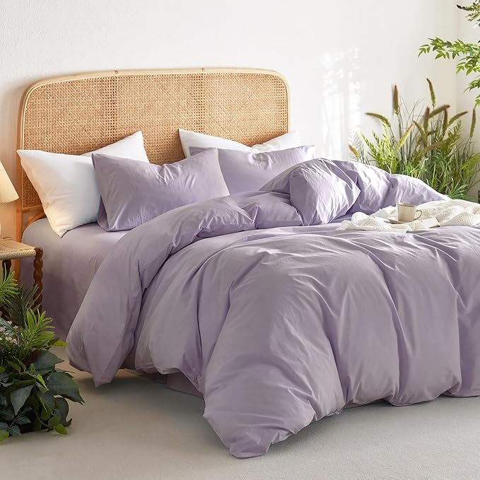 Wake In Cloud - Cotton Duvet Cover Set, Queen Size, Light Purple, 100% Washed - Image 3
