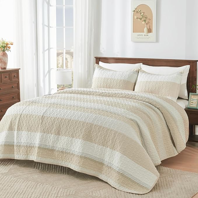 Andency California King Size Quilt Set Beige, 3 Pieces Beige Ultra Soft - Image 6