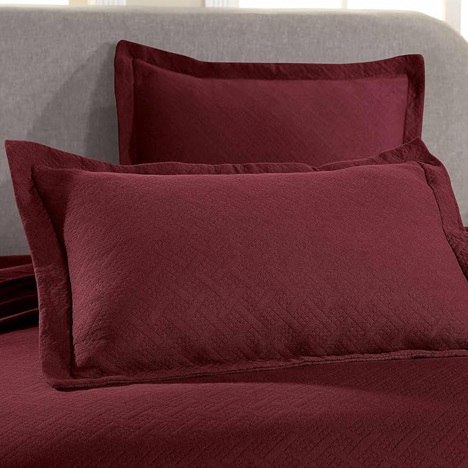 Superior 3 Piece Basketweave Cotton Bedspread Set, Home Bed Decor, Decorative Bed Spread, 2 Pillow Shams, Medium Weight Blanket, Matelasse Coverlet Bedding, Geometric Lattice Pattern, King, Garnet