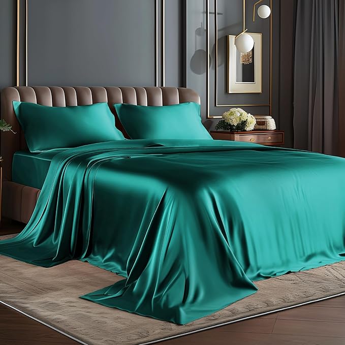 BEDELITE King Size Sheets Set, Luxury Soft Teal Satin Sheets by BEDELITE