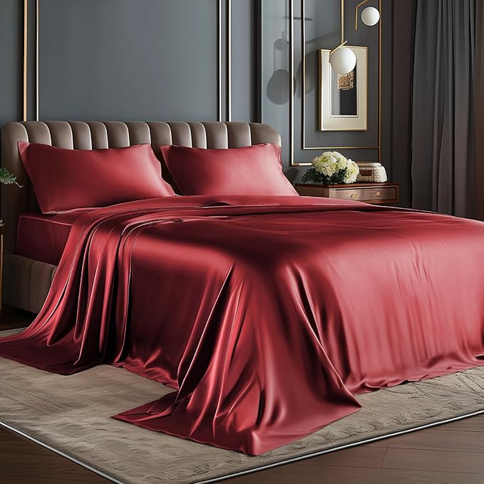 BEDELITE Satin Sheets Queen Size Bed Set, Luxury Soft Burgundy Silky Sheets by BEDELITE