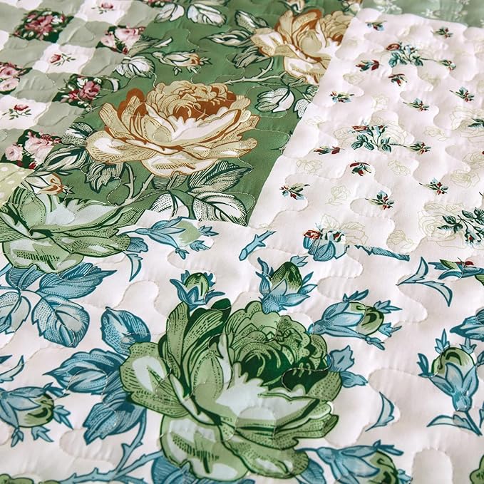 Anibedding Patchwork Quilt Set Queen Size Sage Green Floral Bedspread Coverlet - Image 6
