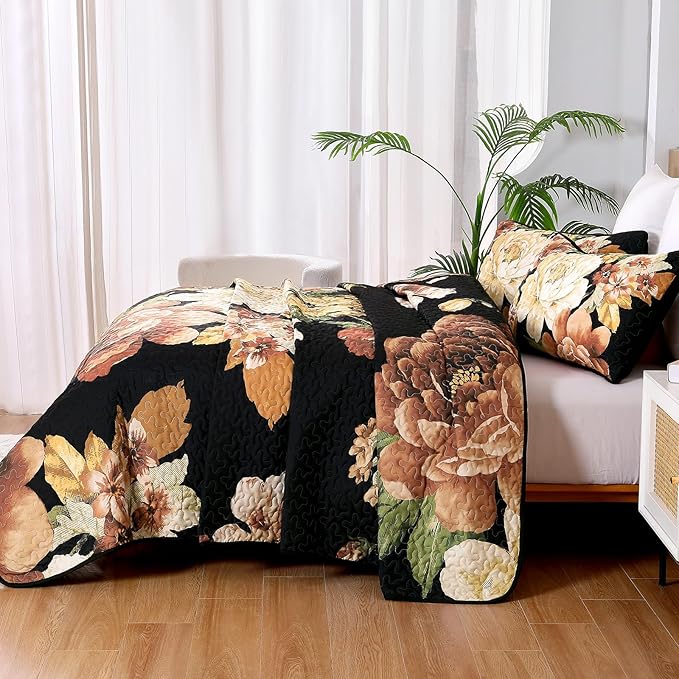 WONGS BEDDING Black Boho Floral Quilt Set King, 3 Pieces Elegant Gold Flower - Image 4