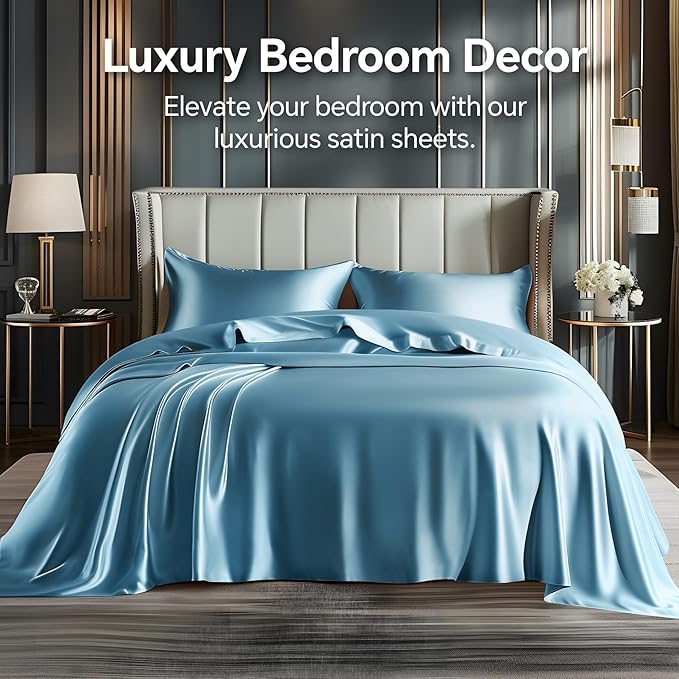 BEDELITE King Size Sheets Set, Luxury Soft Airy Blue Satin Sheets - Image 2