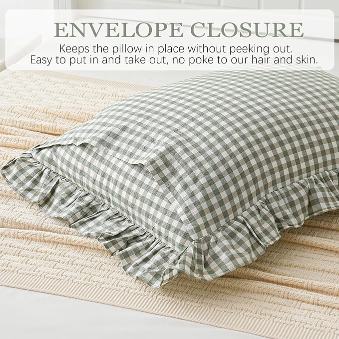 2 Pack Sage Green White Plaid Ruffle Pillow Shams Standard Size 20x26 inches - Image 5