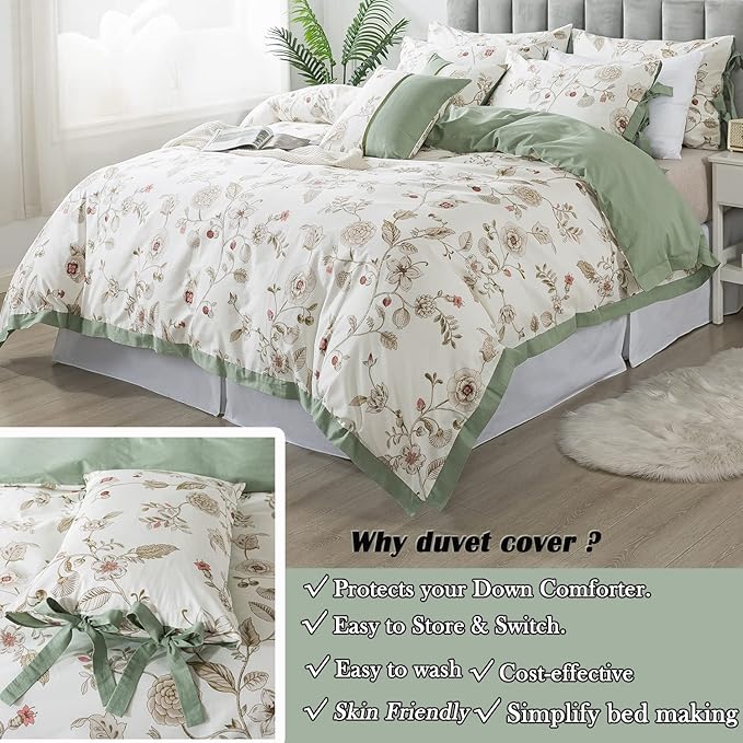 FADFAY Floral Bedding Set Queen 100% Cotton Shabby and Chic Beige Green - Image 2