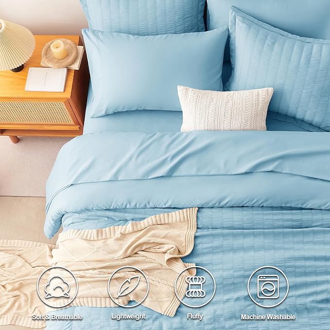 CozyLux King Size Comforter Set Sky Blue Seersucker 7 Pieces Bed in a Bag King - Image 2