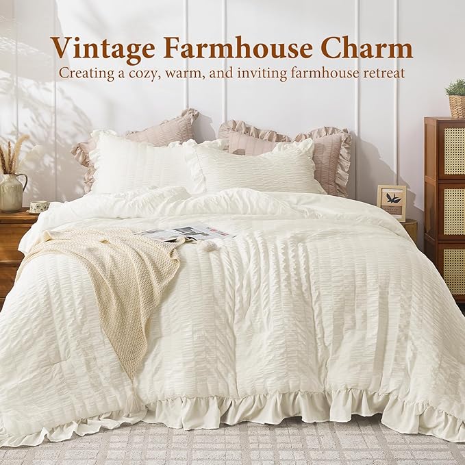JOLLYVOGUE Ivory King Comforter Set, 3 Pieces Seersucker Comforters King Size - Image 2