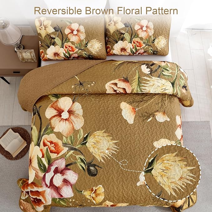 Drucon Brown Floral Quilt Set King Size 3 Pieces Brown Botanical Flower Quilt - Image 3