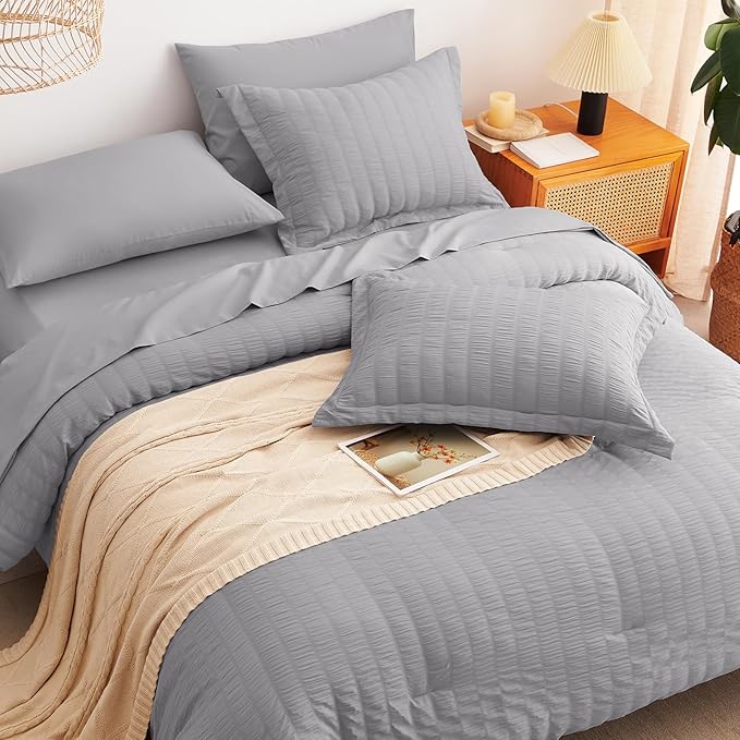 CozyLux Oversized King Comforter Set Grey, Seersucker 7 Pieces 120x98 Bed in a - Image 6