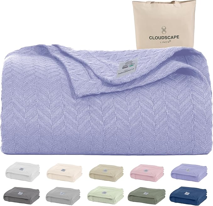 Cloud Scape Linen 100% Cotton Blanket King 92x108 Lavender Blue - Cozy Herringbone Weave, Fits Up to Cal King Beds, Breathable Softness, All-Season Warmth, Heavy Layering Winter Blanket