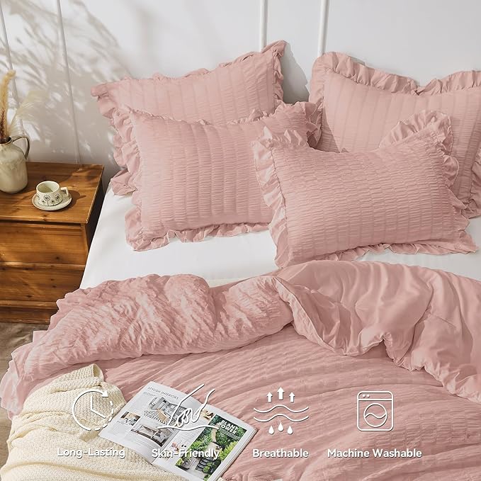 JOLLYVOGUE Queen Comforter Set, 3 Pieces Rose Gold Seersucker Comforters Queen - Image 2