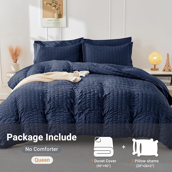 HYMOKEGE Navy Blue Duvet Cover Queen Size, Ultra Soft 3-Piece Seersucker Duvet - Image 5