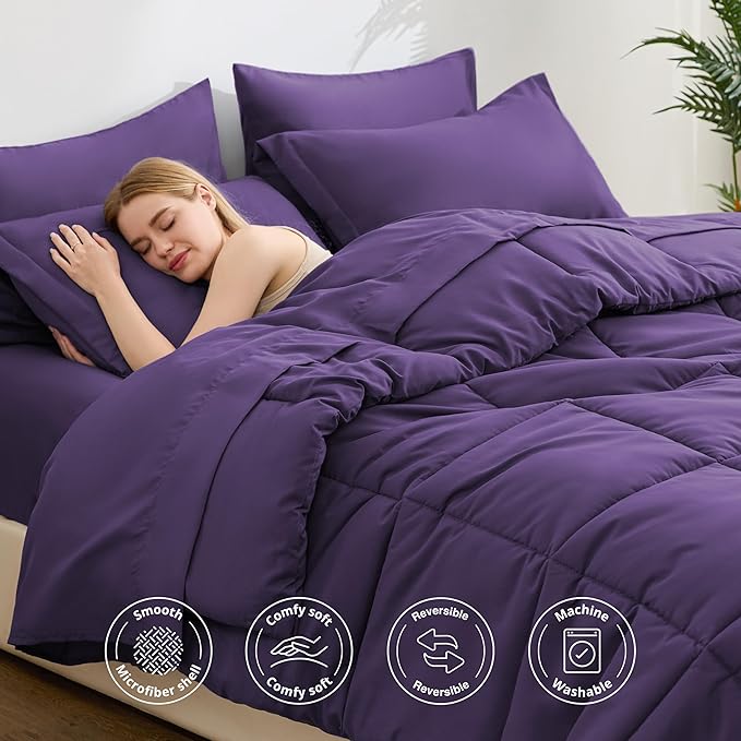 Love's cabin Queen Comforter Set Dark Purple, 7 Pieces Queen Bed in a Bag - Image 3