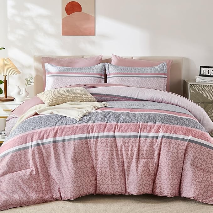WONGS BEDDING Pink Queen Comforter Set 7 Pieces, Boho Striped Bed in a Bag - Image 2