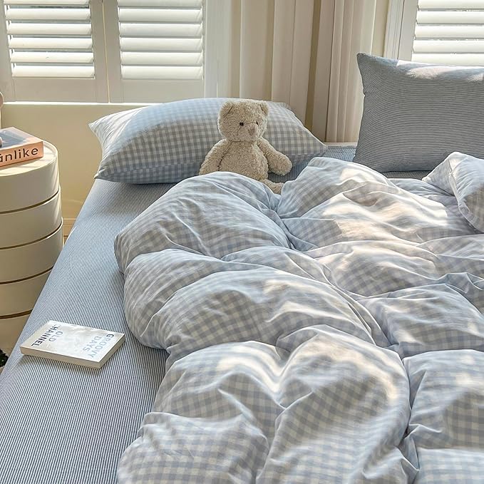 mixinni Light Blue Gingham Duvet Cover Set Twin XL Size - Image 5