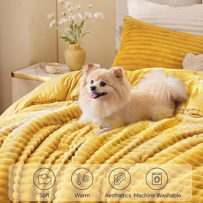 BEDELITE Fleece Twin Comforter Set -Super Soft & Warm Fluffy Mustard Yellow - Image 3